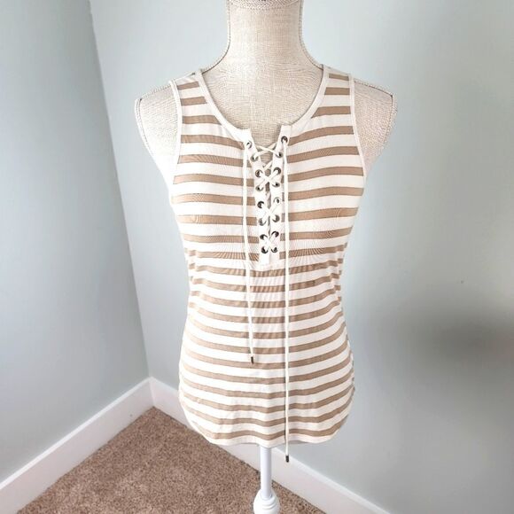 WHITE HOUSE BLACK MARKET WOMEN'S SLEEVELESS TIE FRONT TAN AND WHITE TOP SIZE XS - Picture 2 of 6